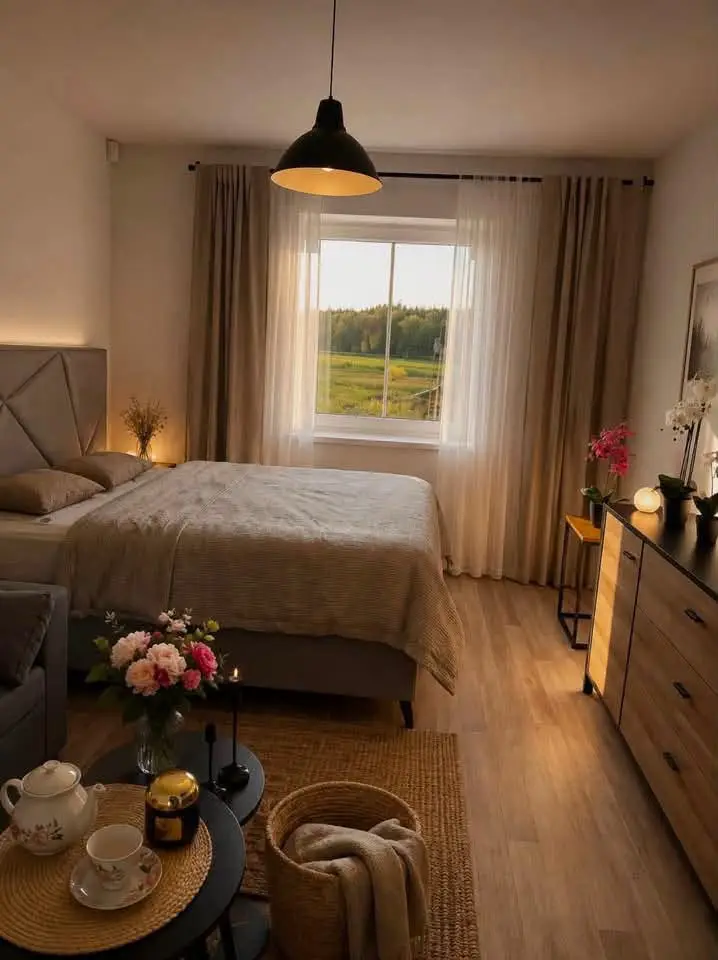 Ložnice apartmánu s výhledem do luk